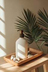 White Soap Dispenser on Wooden Tray with Palm Leaf and Stones in Sunlight