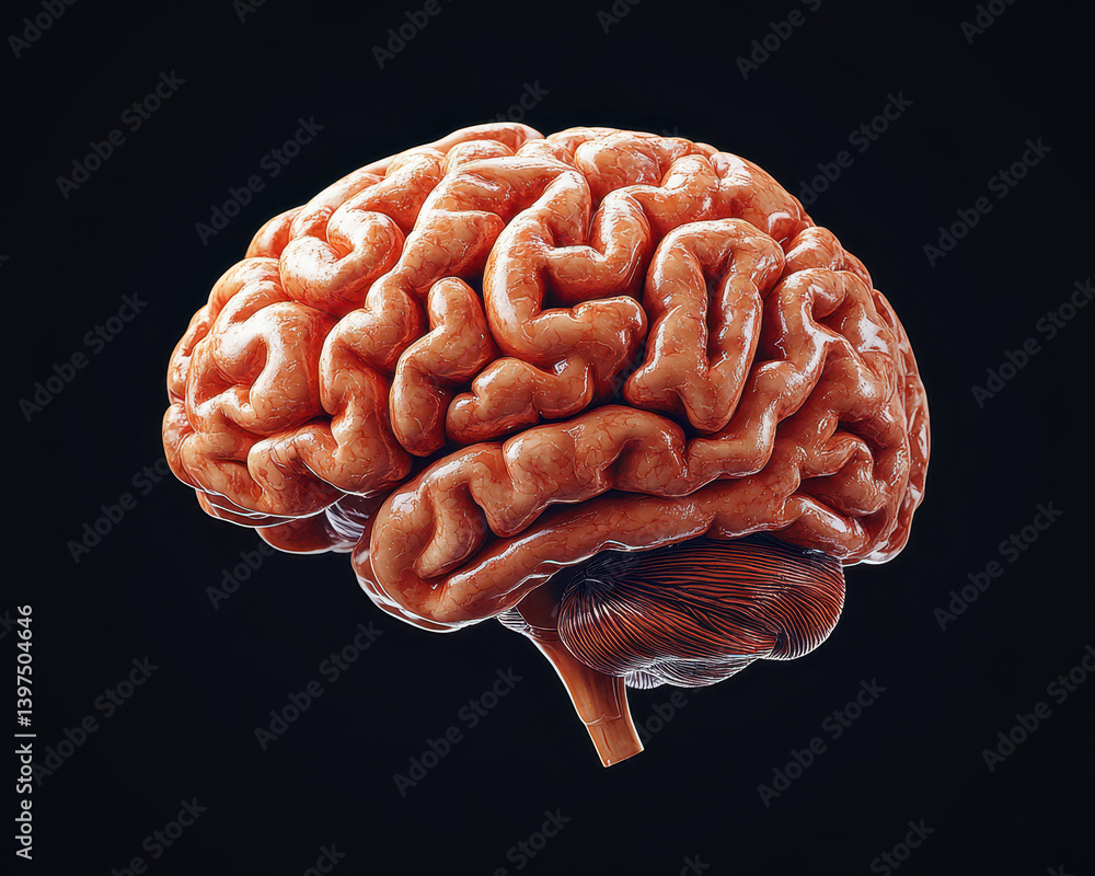 Poster highly detailed 3d rendering of human brain with anatomical precision on dark background
