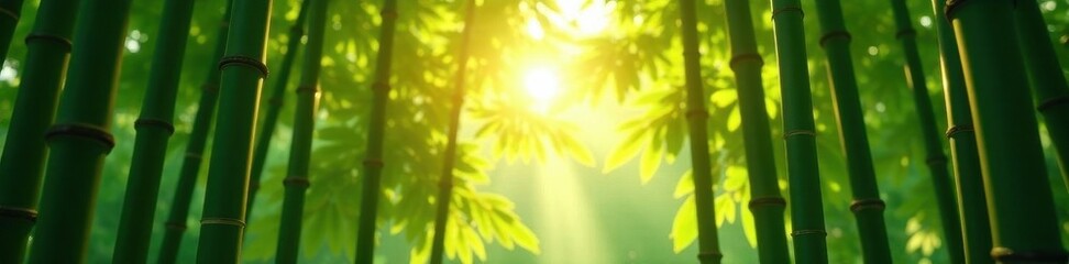 Obraz premium Sunlit bamboo grove, sharp focus on leaves and nodes , closeup, cane