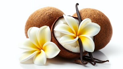 Digital illustration featuring coconuts vanilla beans plumeria flower in a natural elegant artistic design