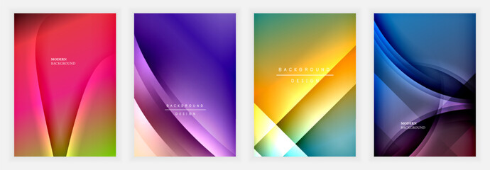 Fototapeta premium Four vibrant abstract backgrounds. Smooth gradients blend colors, creating dynamic wave shapes. Modern designs suitable for digital projects, presentations.