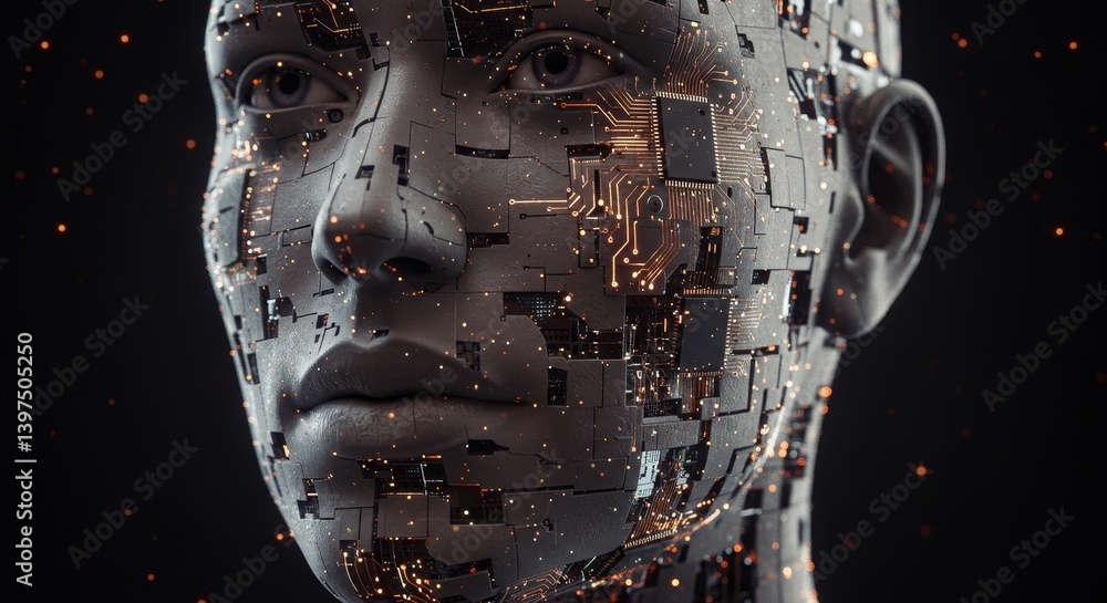 Poster ai humanoid face circuitry - close-up of a robotic face with visible circuitry, glowing orange spark