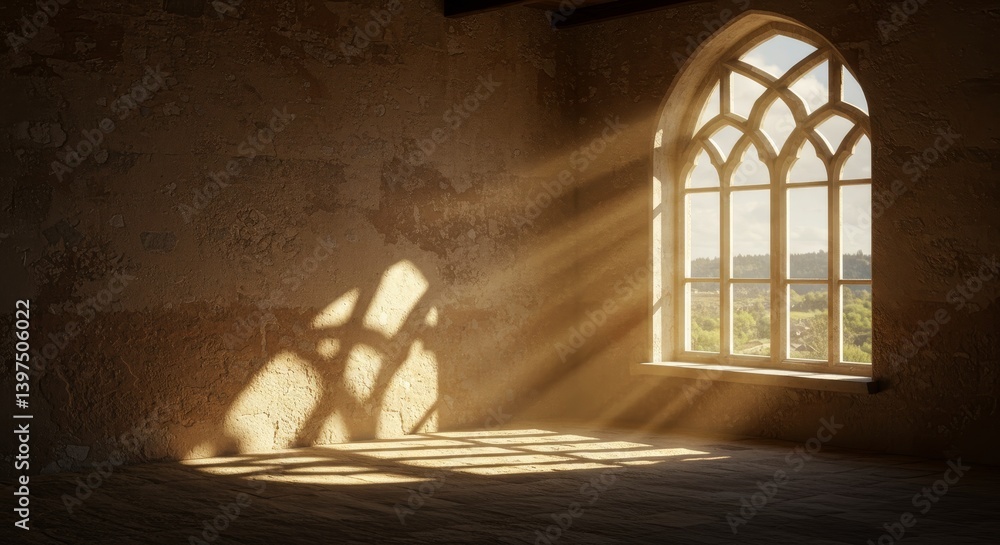 Poster arched window illuminates rustic room - sunlight streams through an arched window in a rustic room, 