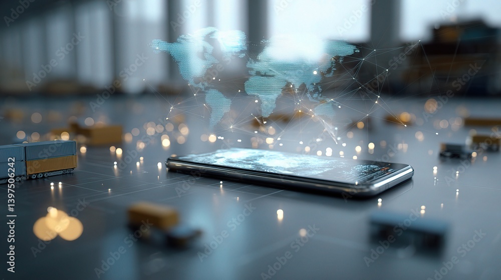 Poster holographic mobile interface over digital workspace with network map