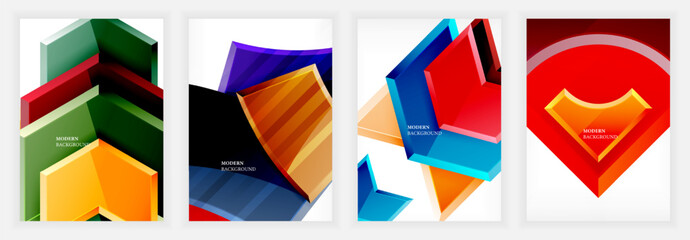 Abstract geometric designs dominate image. Vibrant colors, layered shapes create dynamic visual effect. Modern backgrounds suggest digital art, graphic design applications.