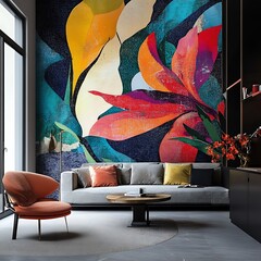 Vibrant abstract wallpaper and cozy sofa in living room high resolution picture