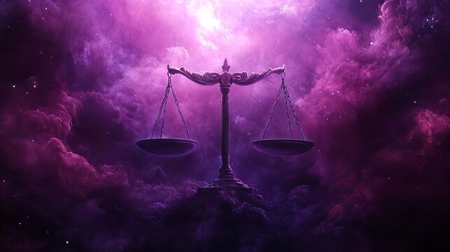 Scales of justice against a vibrant purple nebula background with cosmic dust and starlight