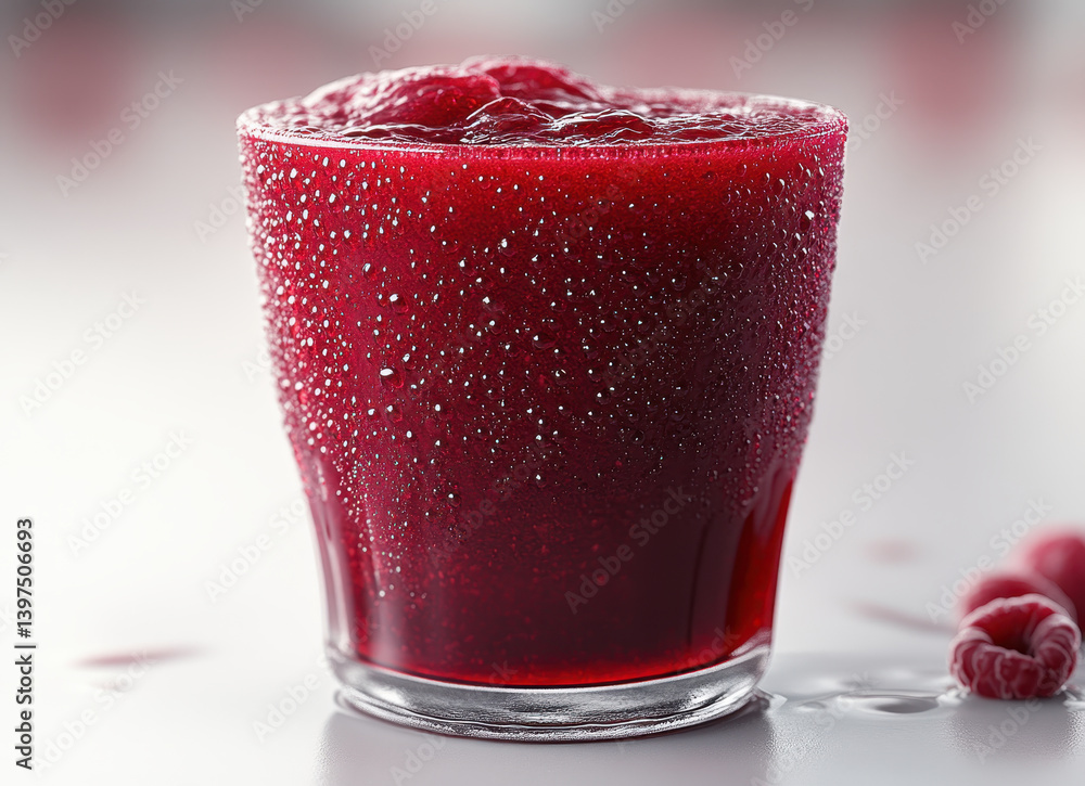 Poster refreshing raspberry smoothie in frosted glass with fresh berries on white background