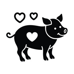 Cute Pig Silhouette With Heart Shapes Happy Farm Animal Illustration