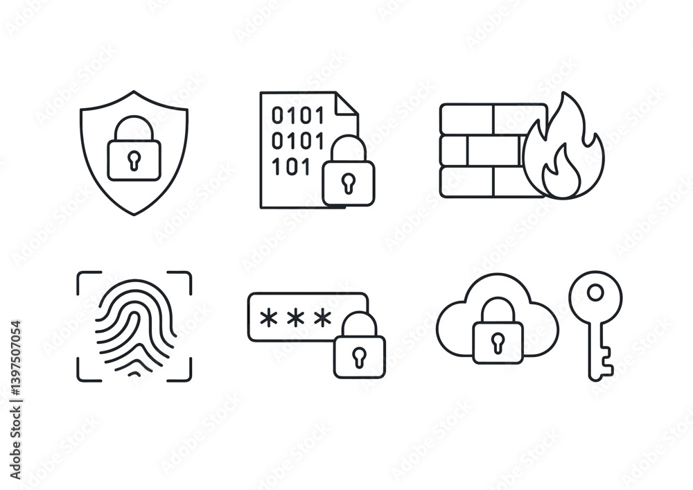 Poster cybersecurity icons set: linear style with lock, firewall, key, and more