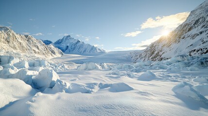 Sunrise over a snow-covered mountain range with clear sky, serene and breathtaking winter scenery.