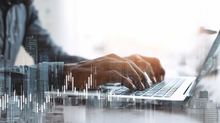 Executive Using Laptop with Stock Charts Overlay in Modern Office