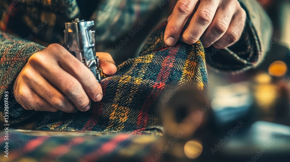 Poster a tailor is using a tool on colorful patterned fabric