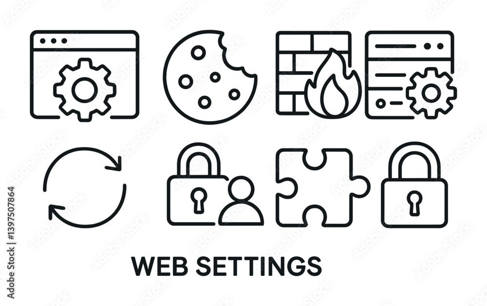 Poster web settings icons set: linear style for cookies, security, and tools
