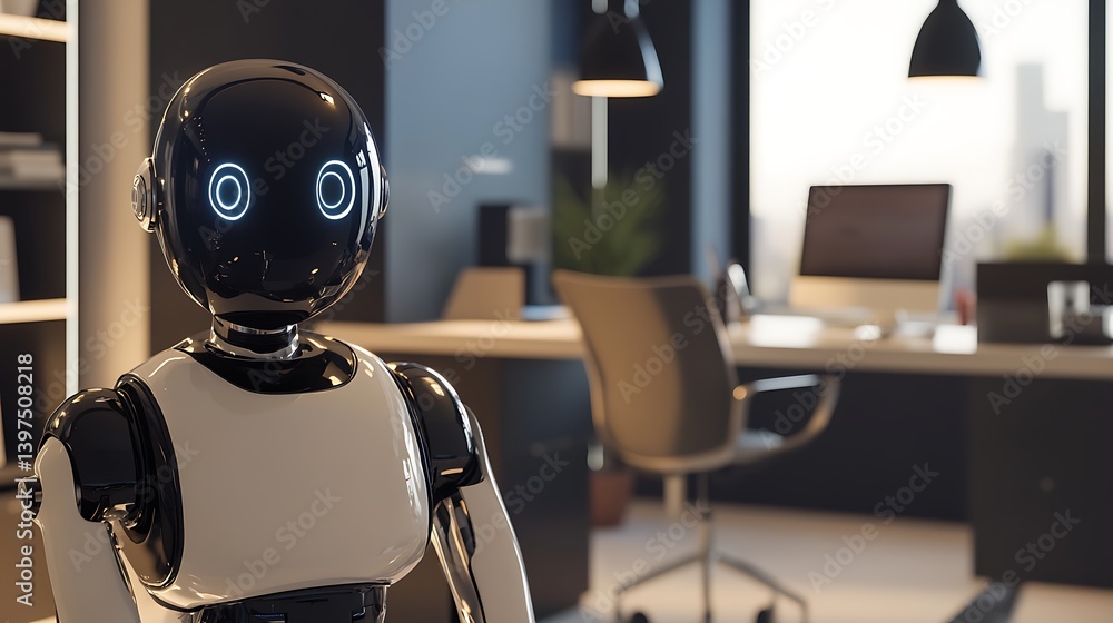 Poster a futuristic robotic assistant in a modern office setting, showcasing sleek design and digital featu