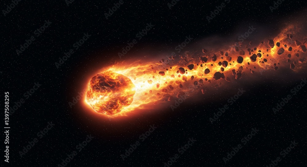 Poster blazing asteroid collision: celestial firestorm - a fiery asteroid hurtles through space, leaving a 