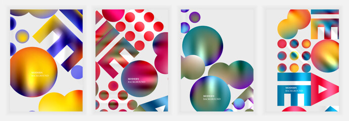 Four vibrant abstract backgrounds. Geometric shapes overlap, creating colorful gradients. Designs feature circles, rectangles, triangles, dynamic compositions. Modern aesthetic.