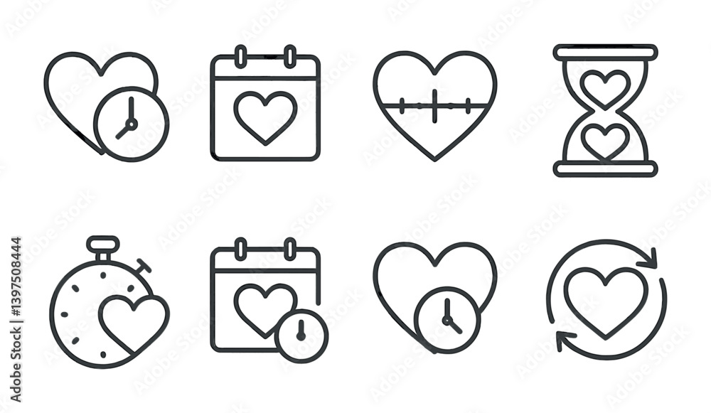 Poster minimalist linear love and time icons set for relationship and schedule themes