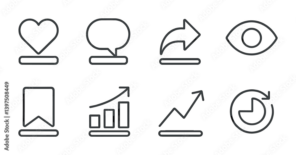 Poster minimalist linear icon set: social media and analytics symbols for modern design