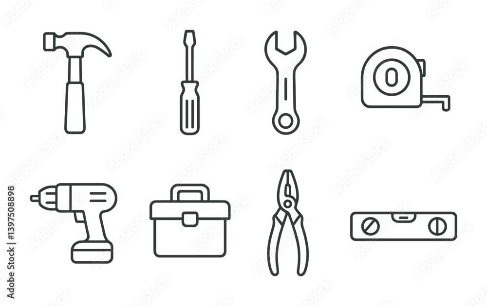 Poster essential tools linear icon set for diy projects and home improvement tasks