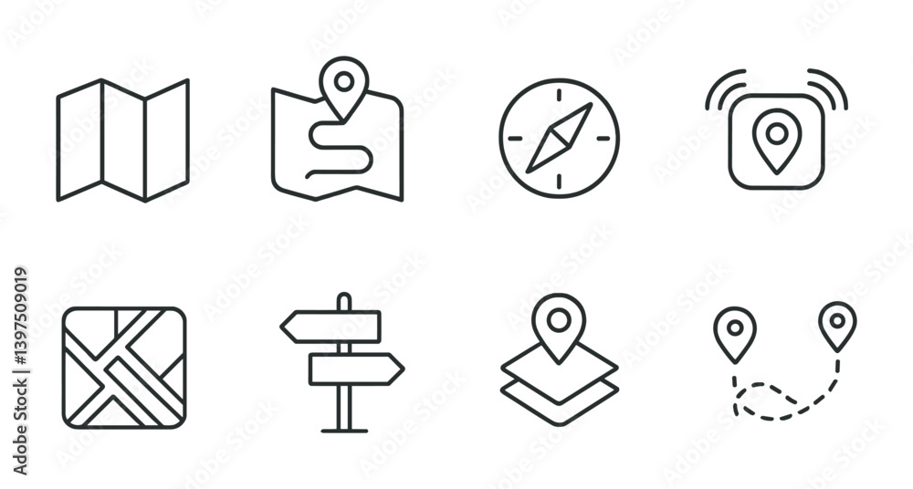 Poster navigation and map icons set: linear style for gps and travel applications