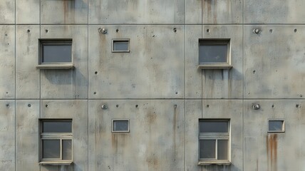 Fototapeta premium Weathered Concrete Building Facade with Small Windows Rust Stains and Gray Hue Presents a Textured Urban Landscape in Full Frame Shot