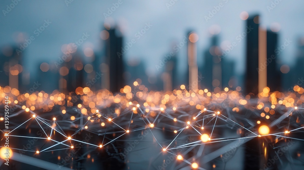 Poster futuristic cityscape with interconnected blockchain networks