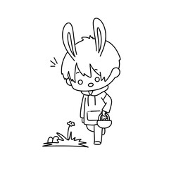 A young boy is walking with a basket and a rabbit is following him