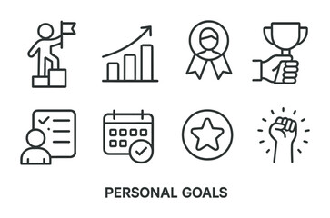 Personal goals icons set - linear style for achievement concepts