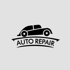 Obraz premium A vintage-inspired garage logo showing a classic car silhouette with a banner reading 'Auto Repair,' using retro fonts and distressed textures
