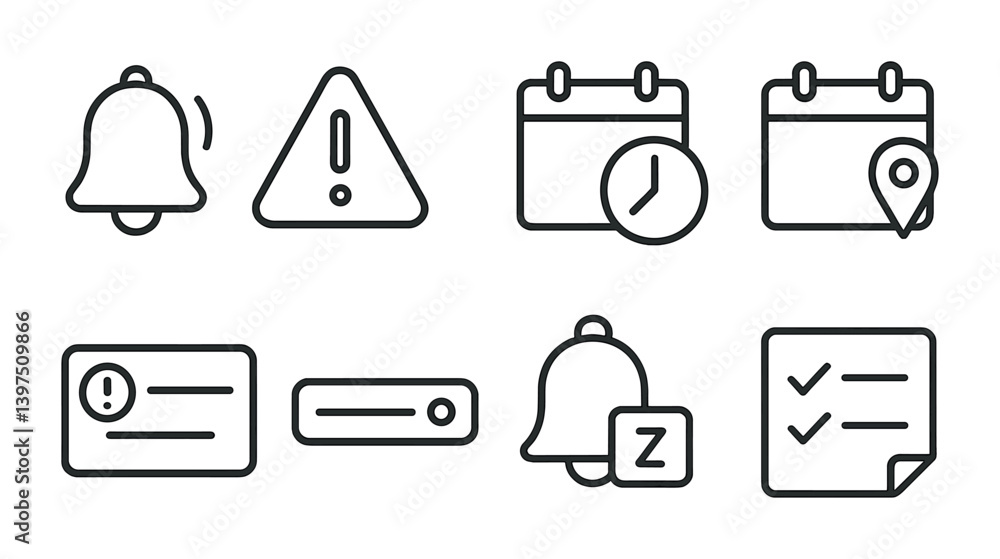 Poster linear style notification and reminder icons set for alerts and scheduling