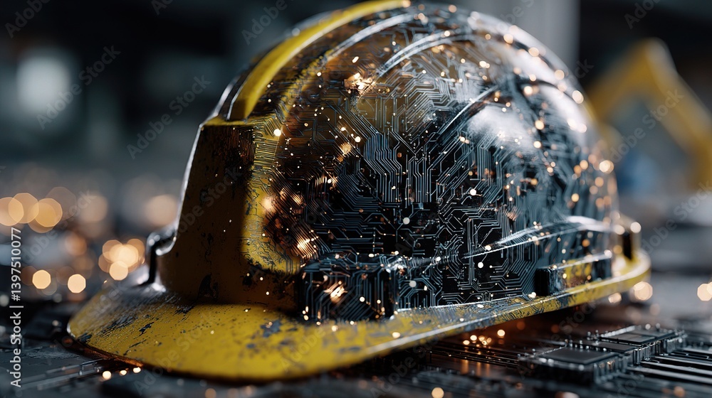 Poster integrated circuit design on hard hat with network mesh elements