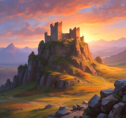 Fototapeta premium Illustration of landscape with old castle ruins.