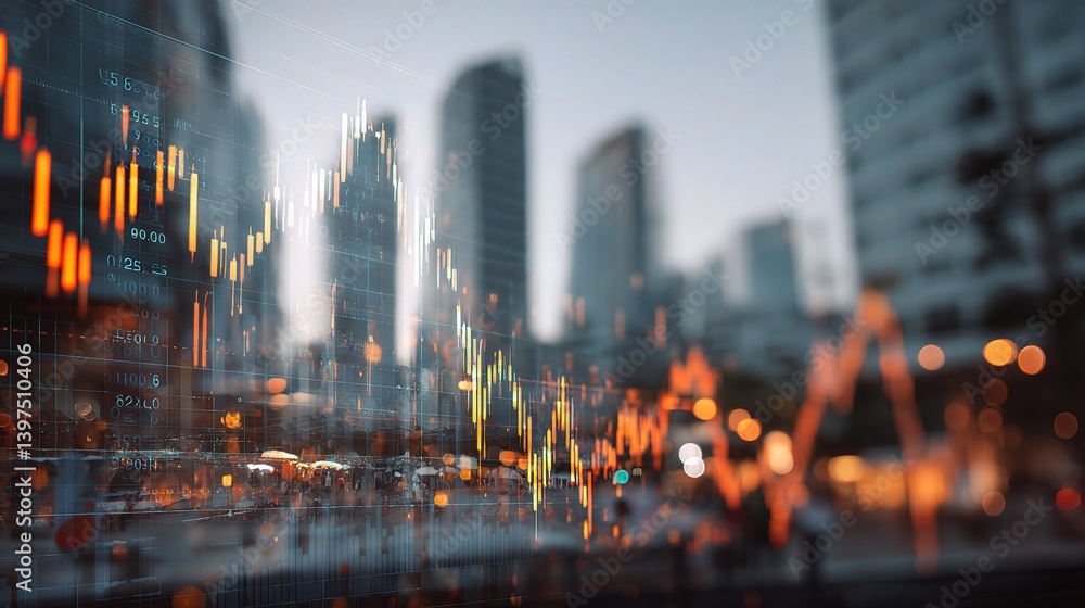 Poster double exposure index graph chart with city background elements