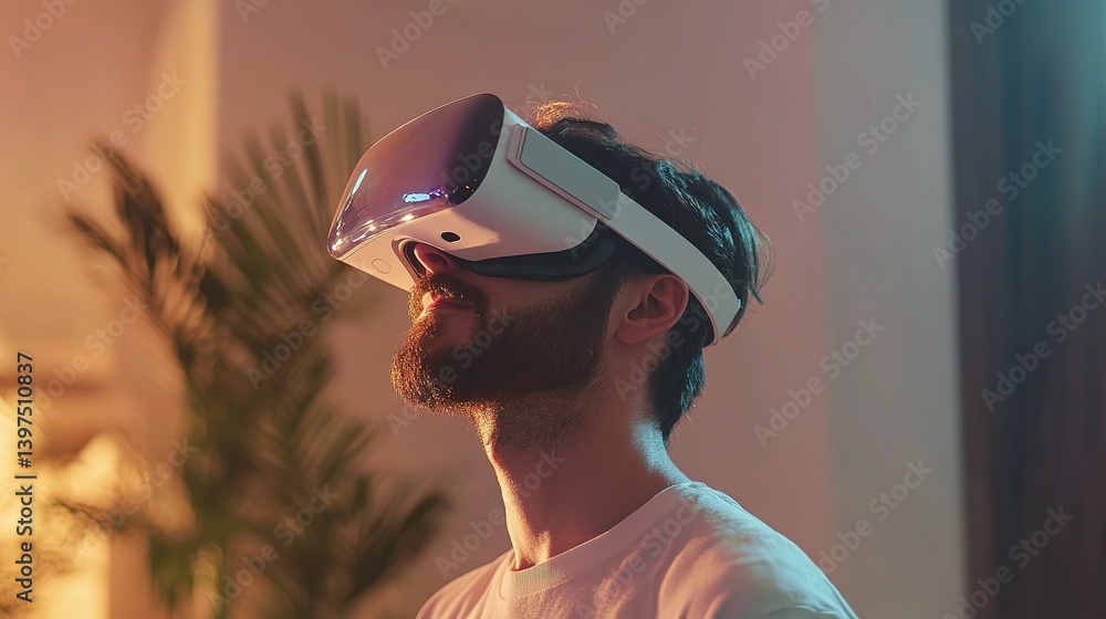 Poster man using virtual reality headset with digital overlay effects