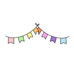 A colorful banner with a rainbow of flags hanging from a white background