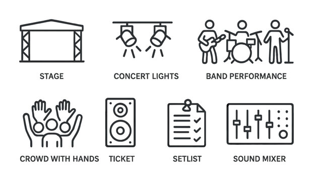 Linear music concert icons set: stage, lights, band, crowd, ticket, setlist, mixer