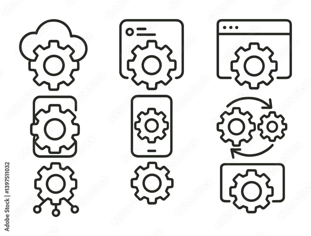 Poster linear style technology gear icons set for cloud, mobile, and application integration