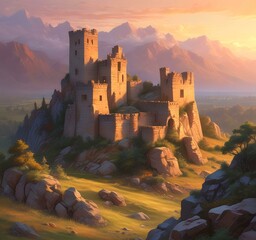 Fototapeta premium Illustration of landscape with old castle ruins.