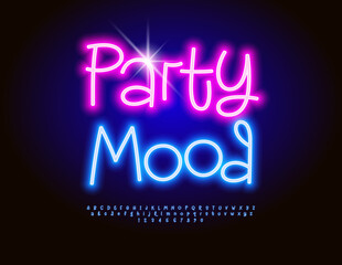 Fototapeta premium Vector Glowing banner Party Mood. Joyful Neon Blue Font. Holiday Electric Alphabet Letters and Numbers set