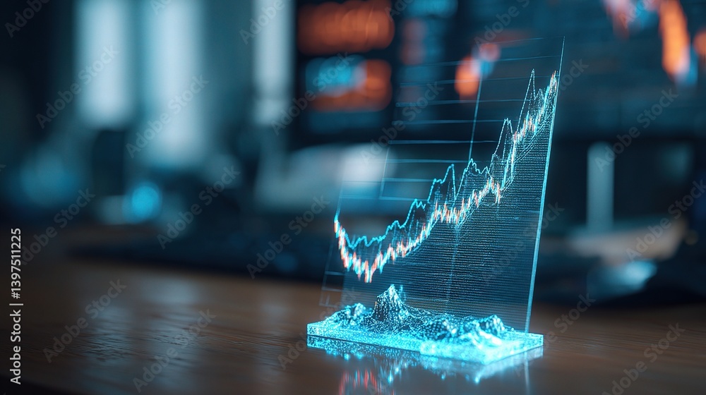 Poster holographic forex graph displayed on a computer monitor table