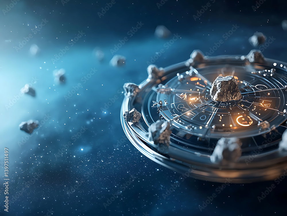 Poster exploring cosmic phenomena asteroids surrounding a celestial device in deep space digital art futuri