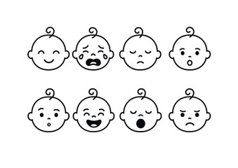 Set of baby face emotions icons: eight linear style expressions