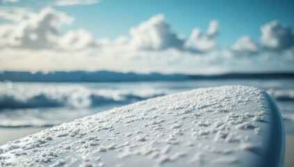 Obraz premium Surfboard Covered in Sea Salt on Beach with Ocean View