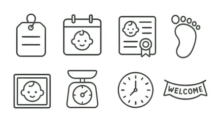 Baby arrival linear icons set: essential newborn symbols for parenting and birth