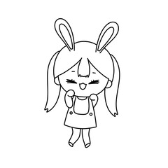 A girl with rabbit ears is smiling and holding her hands up