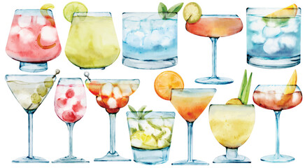 Watercolor Cocktail Clip Art Set Hand Painted Drink Glass Margarita Martini Mojito Tropical Juice Alcohol Beverage