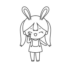 A girl with a rabbit on her head is smiling and making peace signs