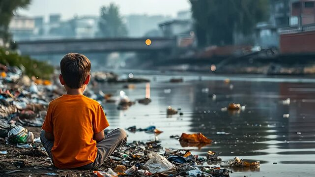 Lonely child sitting beside polluted river surrounded by garbage in urban area during early morning hours

