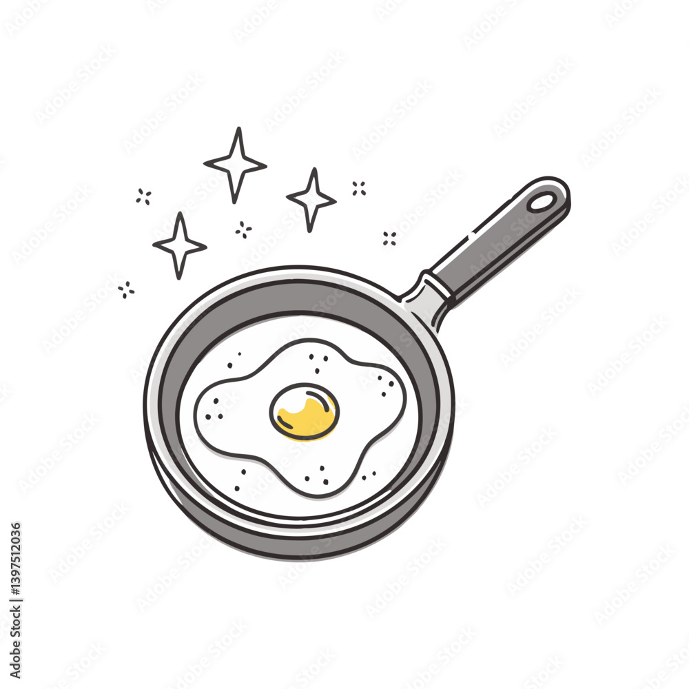 Poster fried egg in frying pan vector with sparkles, featuring a clean line art style and a pop of yellow f